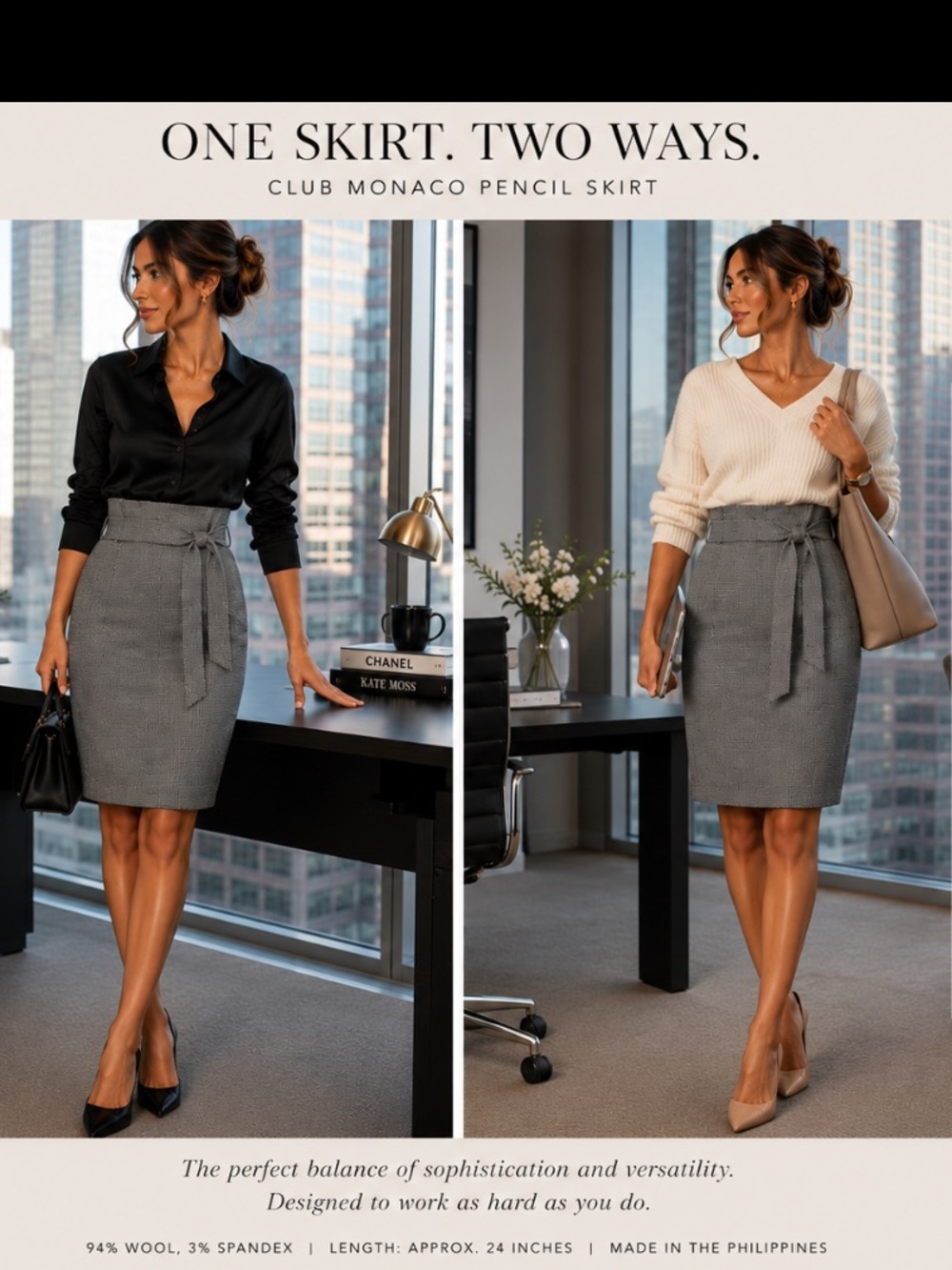 Club Monaco Gray Houndstooth Pencil Skirt with Waist Tie